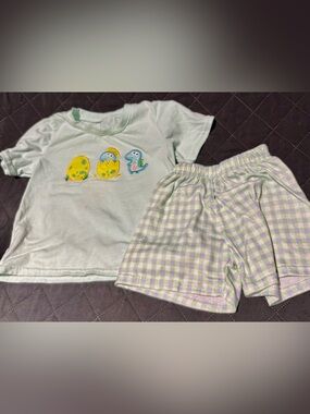 Honey Bean dinosaur print short sleeve t-shirt and plaid shorts clothing set.